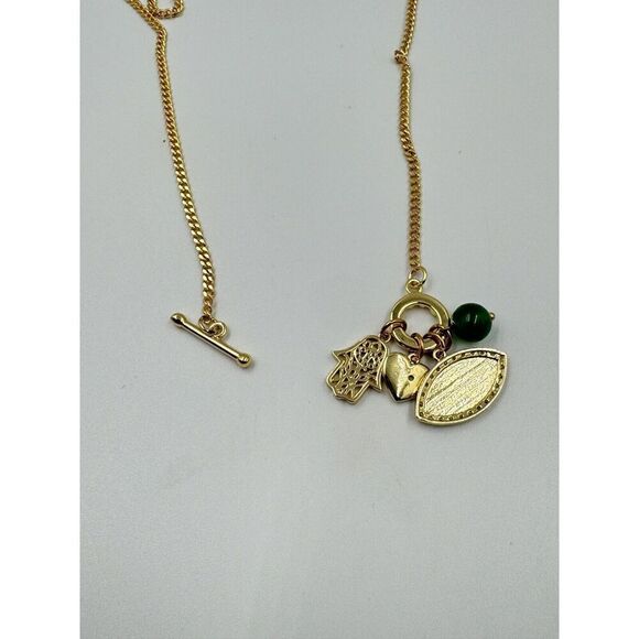 Gold Tone Evil Eye Jadeite Bead Heart Hasma Rhinestone Luck Charm Necklace 24” - Picture 5 of 7